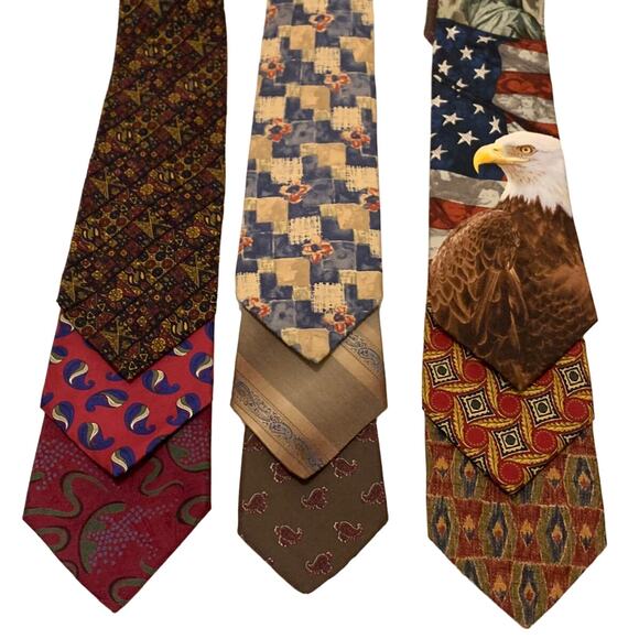 Mens Bundle of 9 - 100% Silk Neck Ties Various Colors & American Bald Eagle - Picture 1 of 14